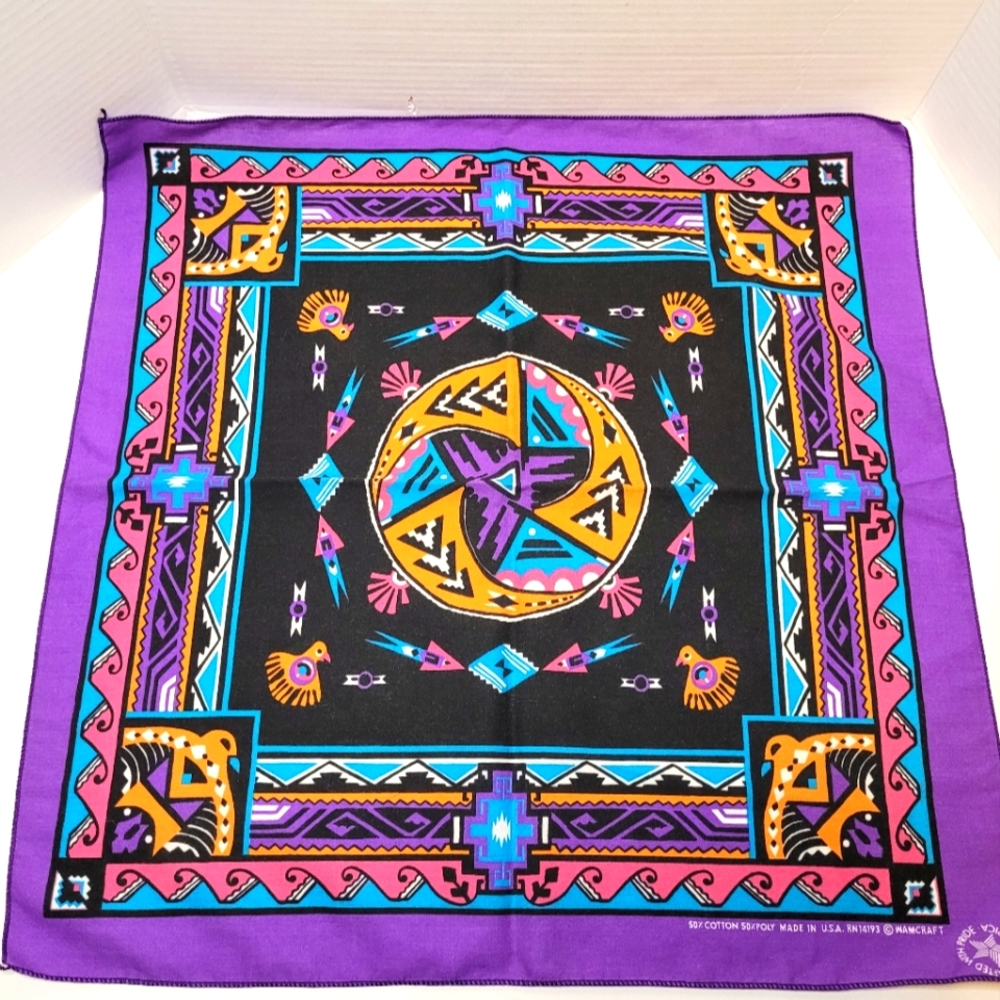 Southwestern Geometric Design Bright Bandana Scarf Vintage 1980s Excellent